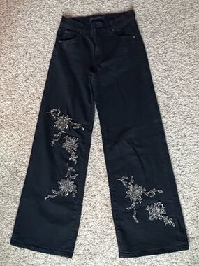 Kobi Halperin Lyla Beaded Floral Wide-Leg Jeans
